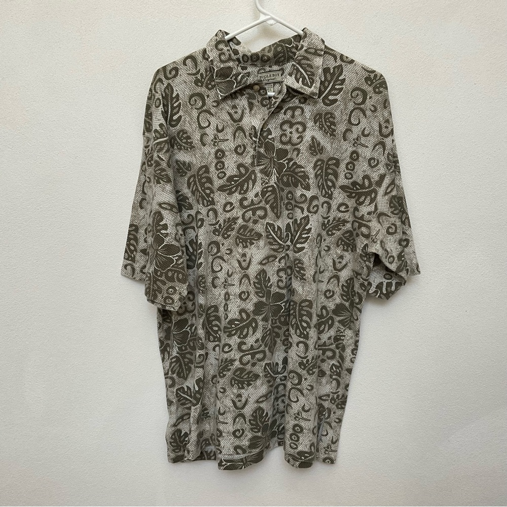 Bugle Boy Original Olive Leaf Allover Print Polo Size L Tropical Beachy Vacation